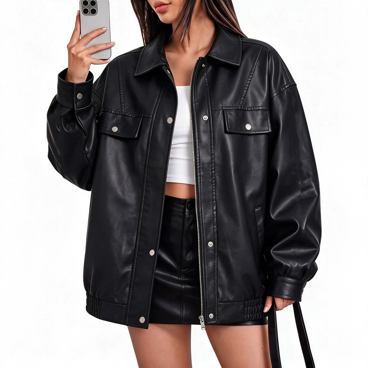 Oversized Faux Leather Flap Pocket Utility Jacket