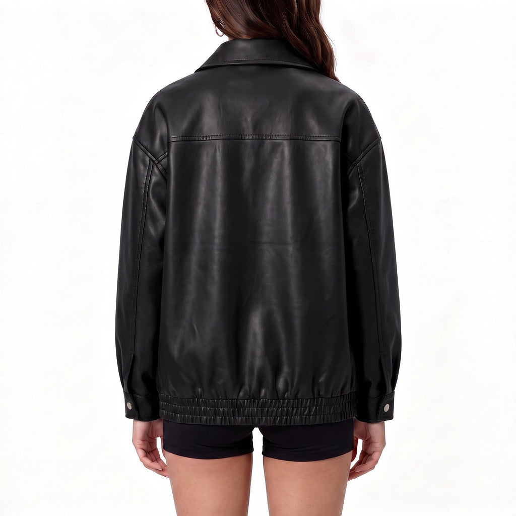 Oversized Faux Leather Flap Pocket Utility Jacket