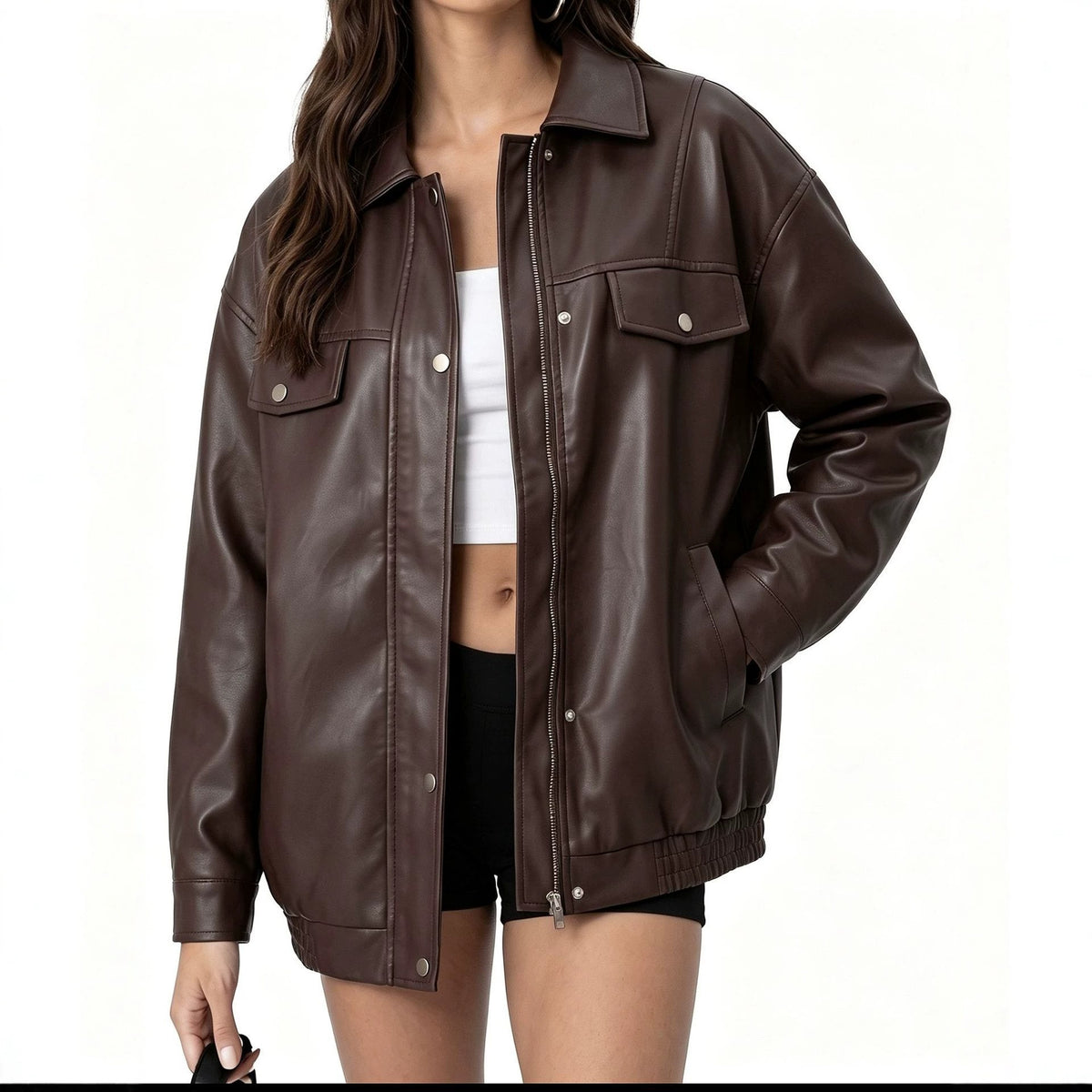Oversized Faux Leather Flap Pocket Utility Jacket