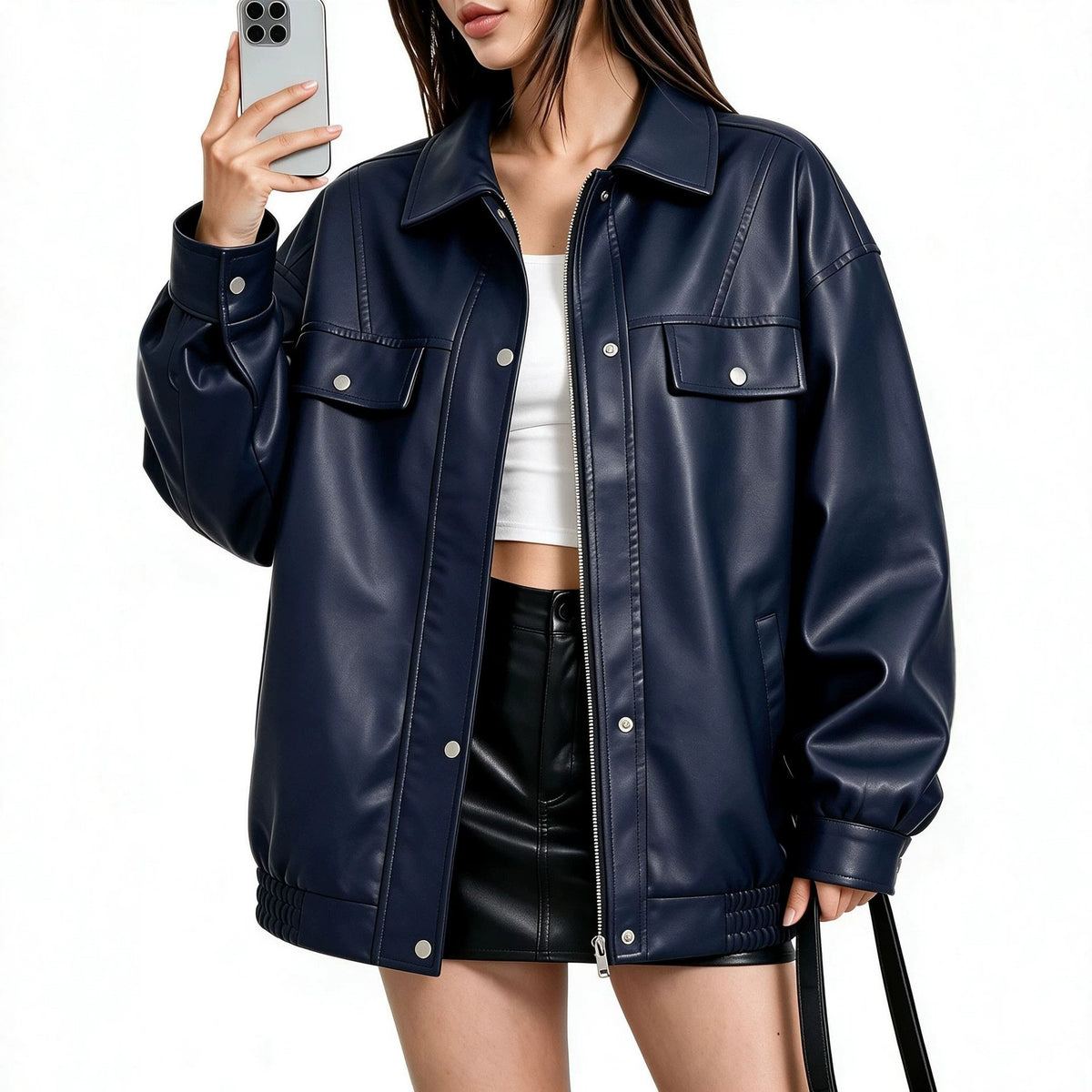 Oversized Faux Leather Flap Pocket Utility Jacket