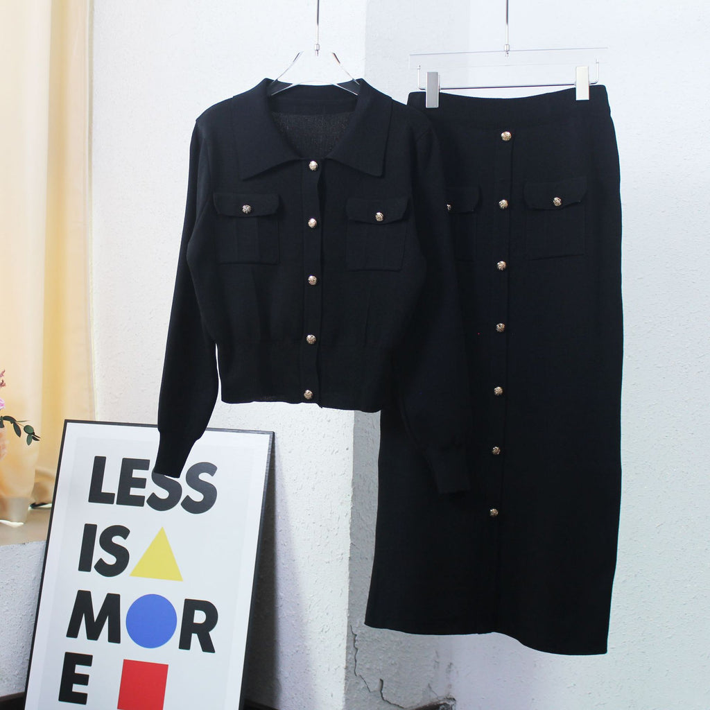Collared Knit Cardigan And Midi Skirt Set - Black