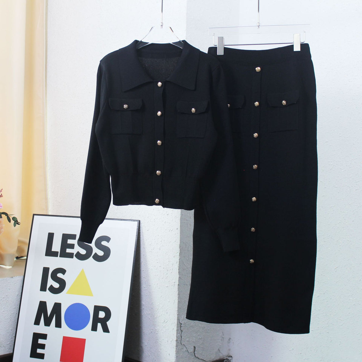Collared Knit Cardigan And Midi Skirt Set - Black