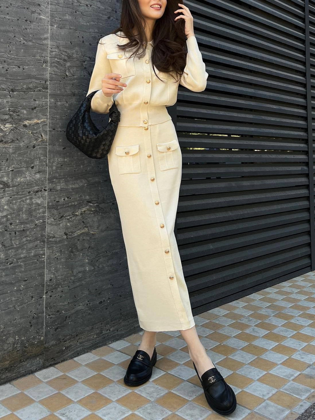 Collared Knit Cardigan And Midi Skirt Set - Off-White - 2