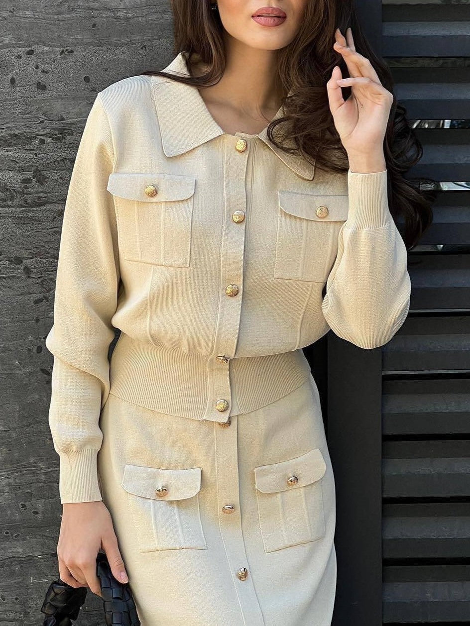 Collared Knit Cardigan And Midi Skirt Set - Off-White - 3
