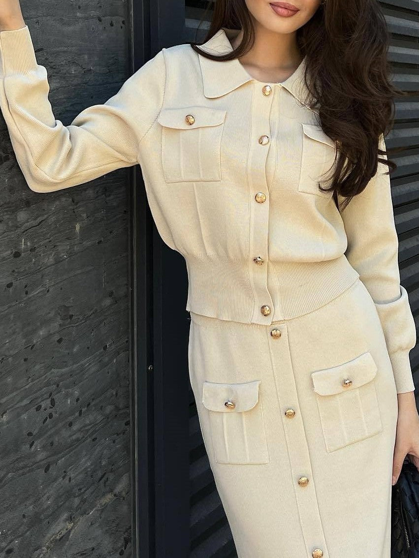 Collared Knit Cardigan And Midi Skirt Set - Off-White - 5