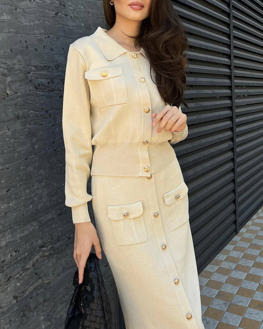 Collared Knit Cardigan And Midi Skirt Set - Off-White - 6