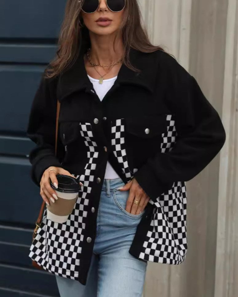 Checkerboard Panel Fleece Shirt Jacket - Black