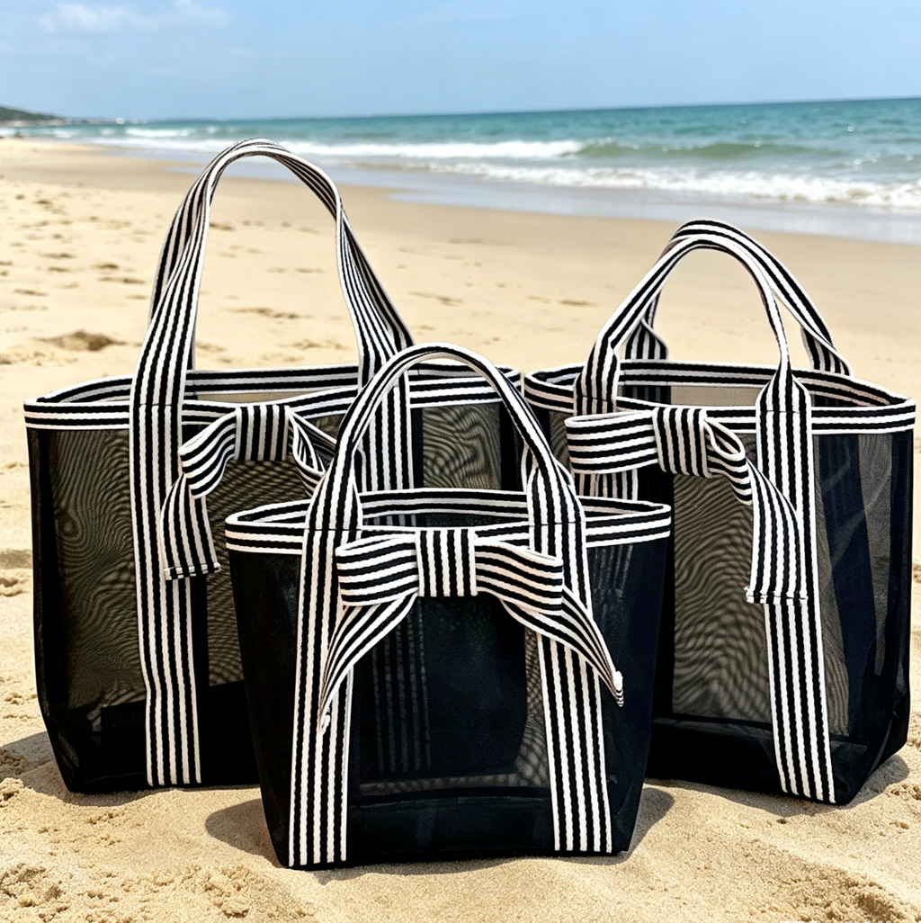 Sheer Mesh Beach Tote With Bow Trim - Black