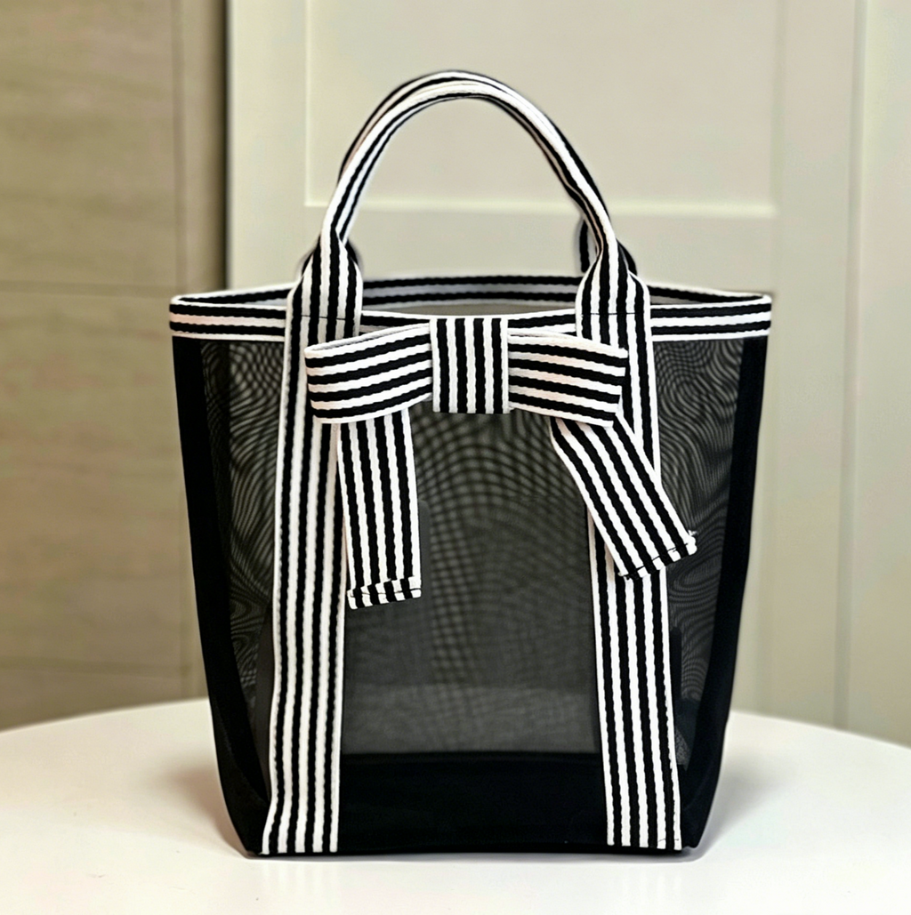 Sheer Mesh Beach Tote With Bow Trim - Black - 1