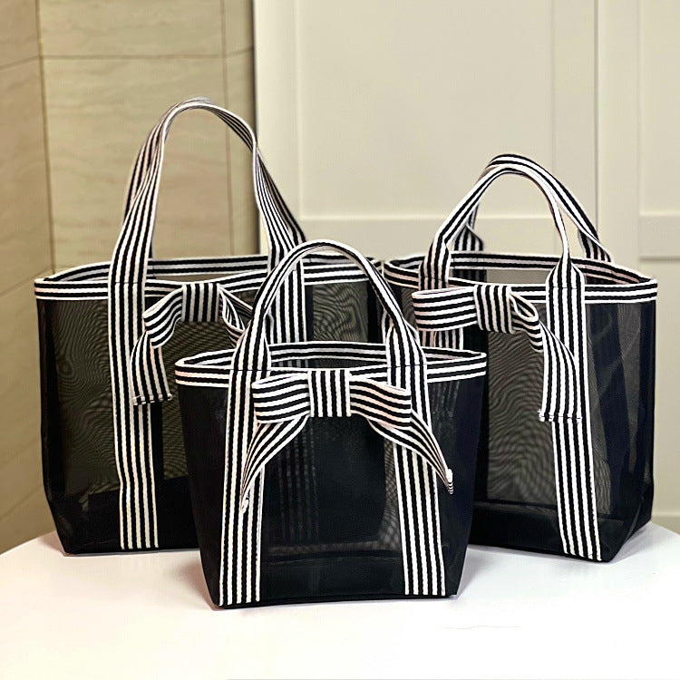 Sheer Mesh Beach Tote With Bow Trim - Black - 2