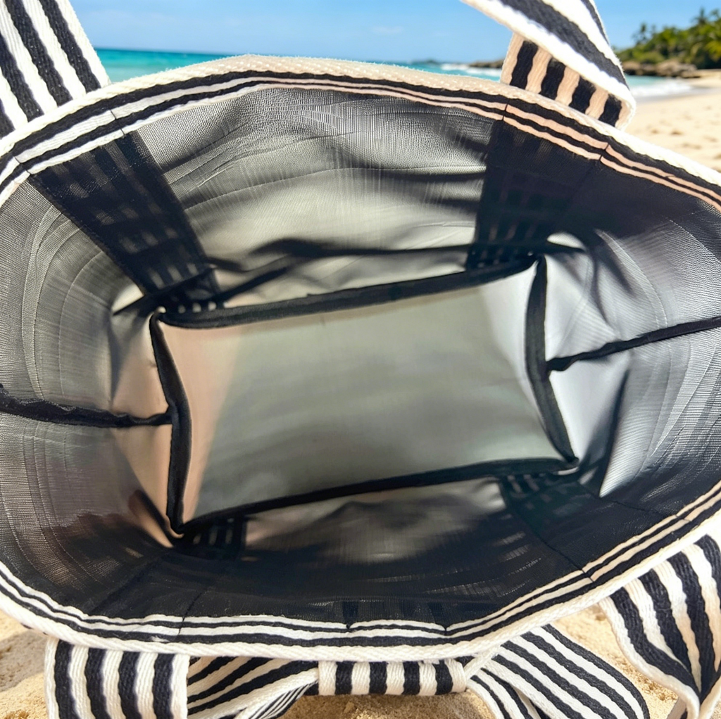 Sheer Mesh Beach Tote With Bow Trim - Black - 3