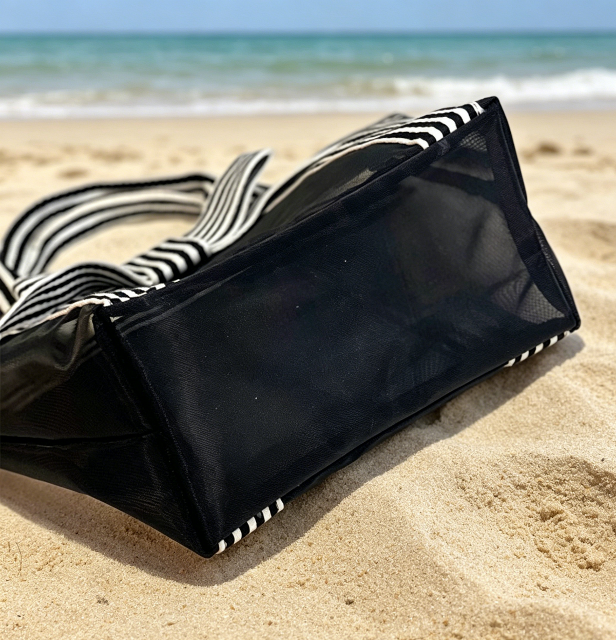 Sheer Mesh Beach Tote With Bow Trim - Black - 4