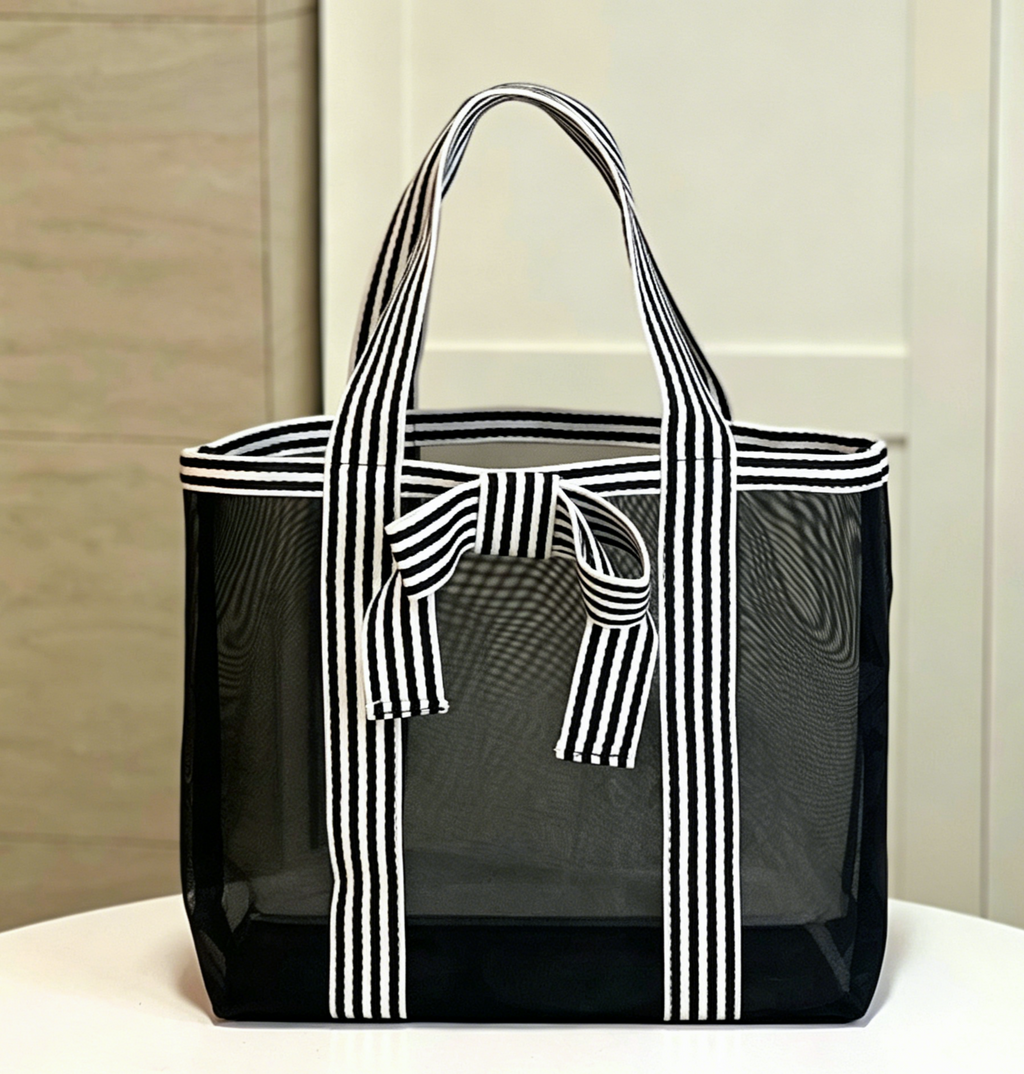 Sheer Mesh Beach Tote With Bow Trim - LBlack