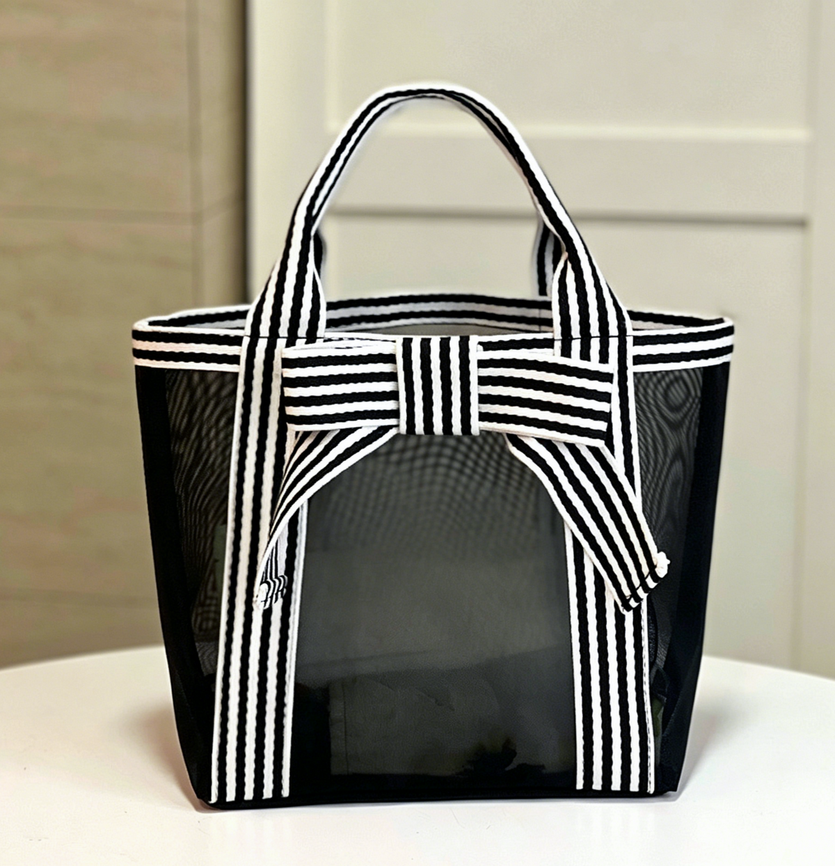 Sheer Mesh Beach Tote With Bow Trim - SBlack