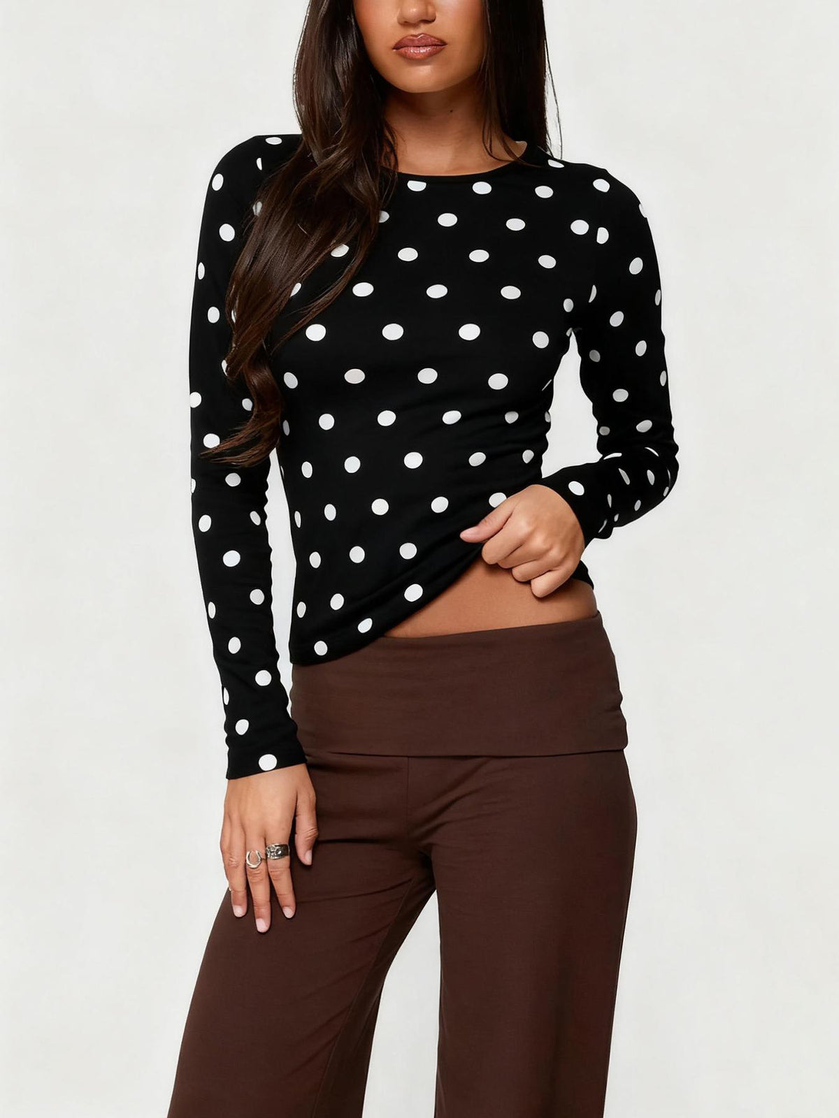 Polka Dot Long Sleeve Fitted Tee - Black - 1