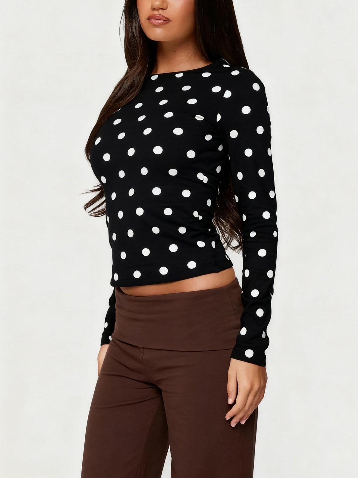 Polka Dot Long Sleeve Fitted Tee - Black - 2
