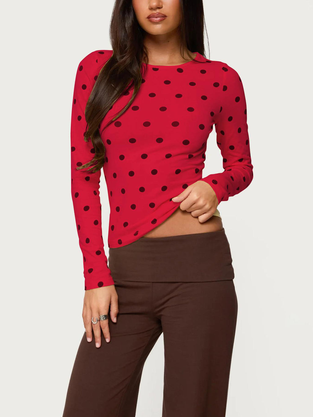 Polka Dot Long Sleeve Fitted Tee - Red - 1