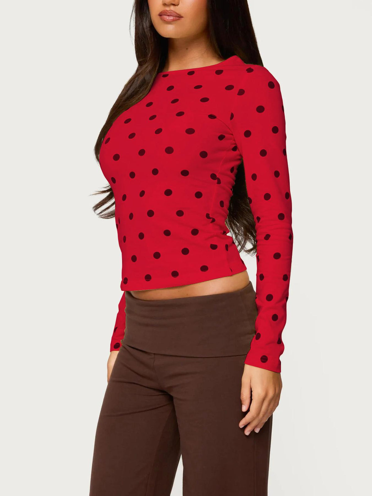 Polka Dot Long Sleeve Fitted Tee - Red - 2