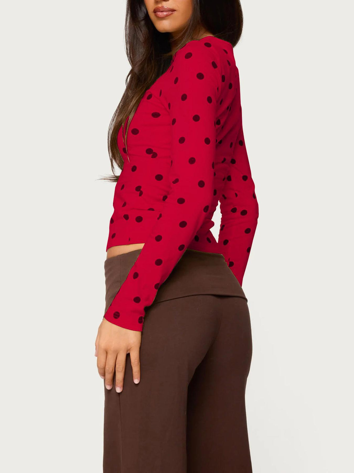 Polka Dot Long Sleeve Fitted Tee - Red - 3