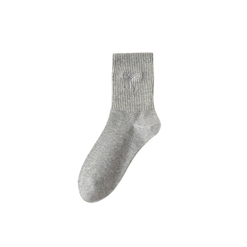 Ribbed Crew Socks With Bow Motif - Gray