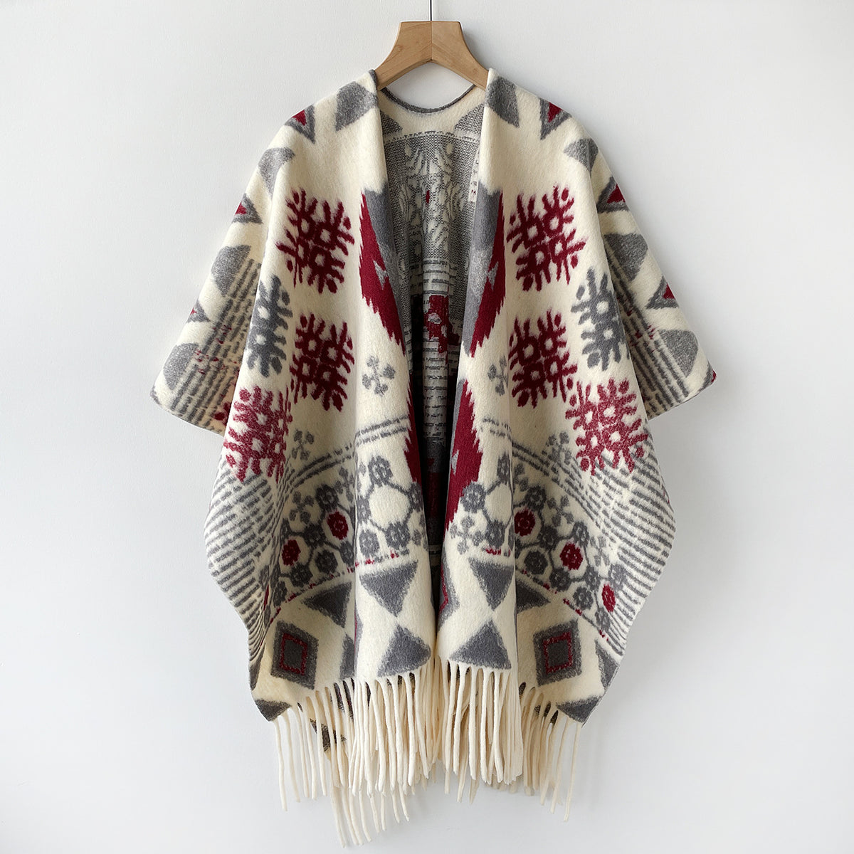 Boho Geometric Snowflake Fringe Cape for Women - Beige