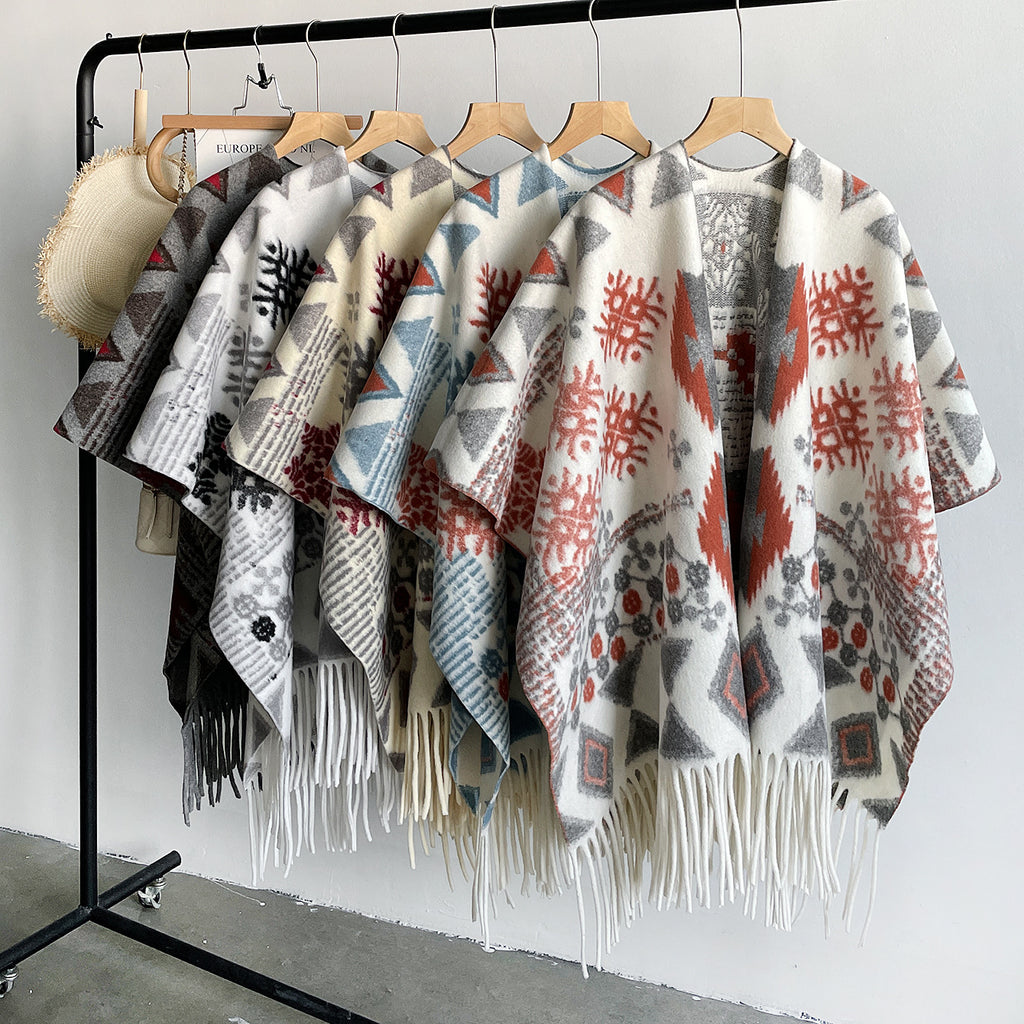 Boho Geometric Snowflake Fringe Cape for Women - Beige - 1