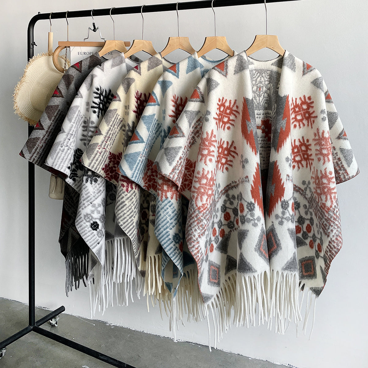Boho Geometric Snowflake Fringe Cape for Women - Beige - 1