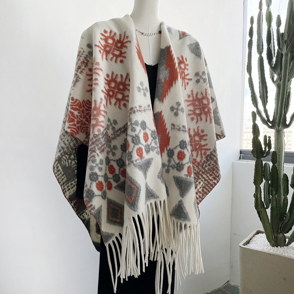 Boho Geometric Snowflake Fringe Cape for Women - Beige - 2