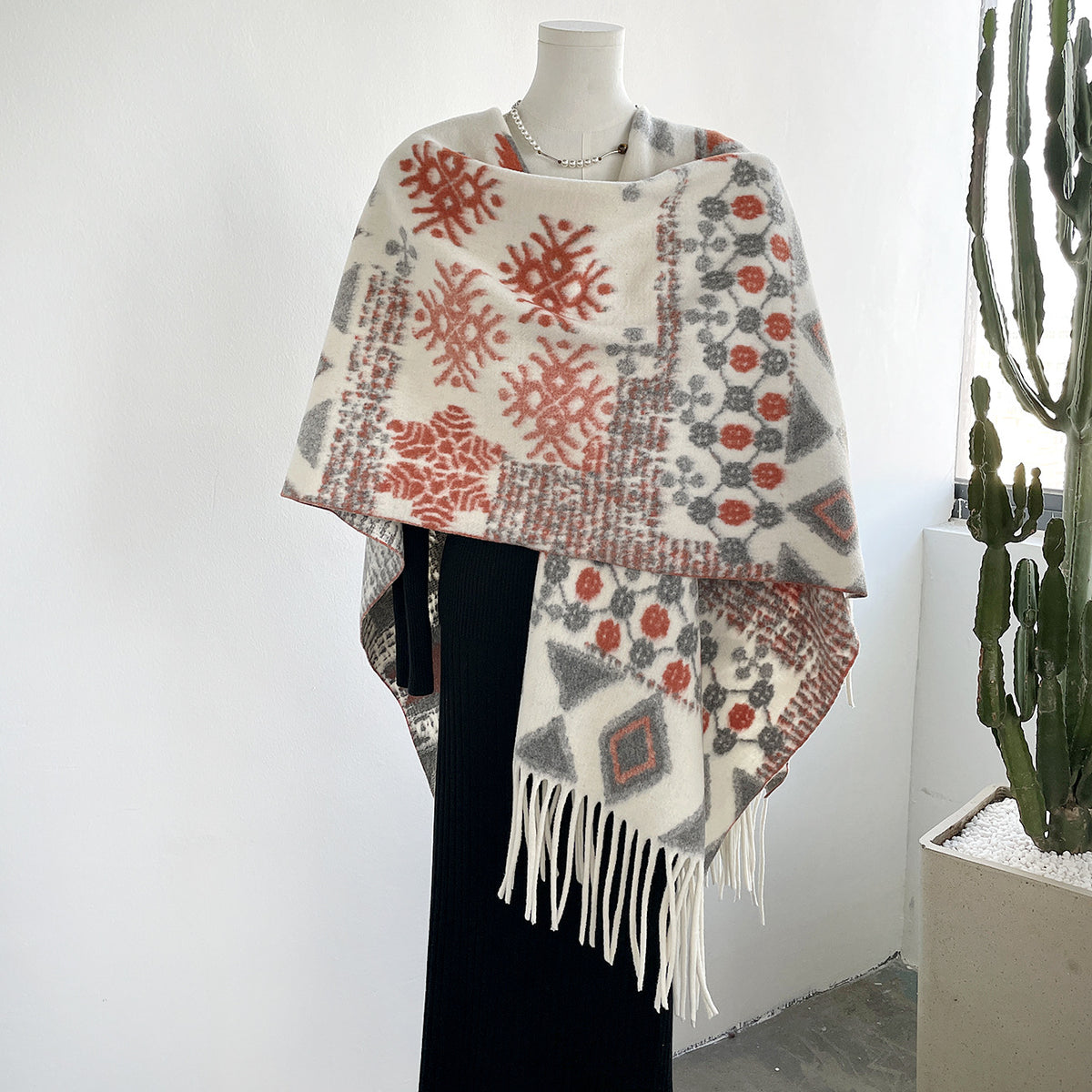 Boho Geometric Snowflake Fringe Cape for Women - Beige - 3