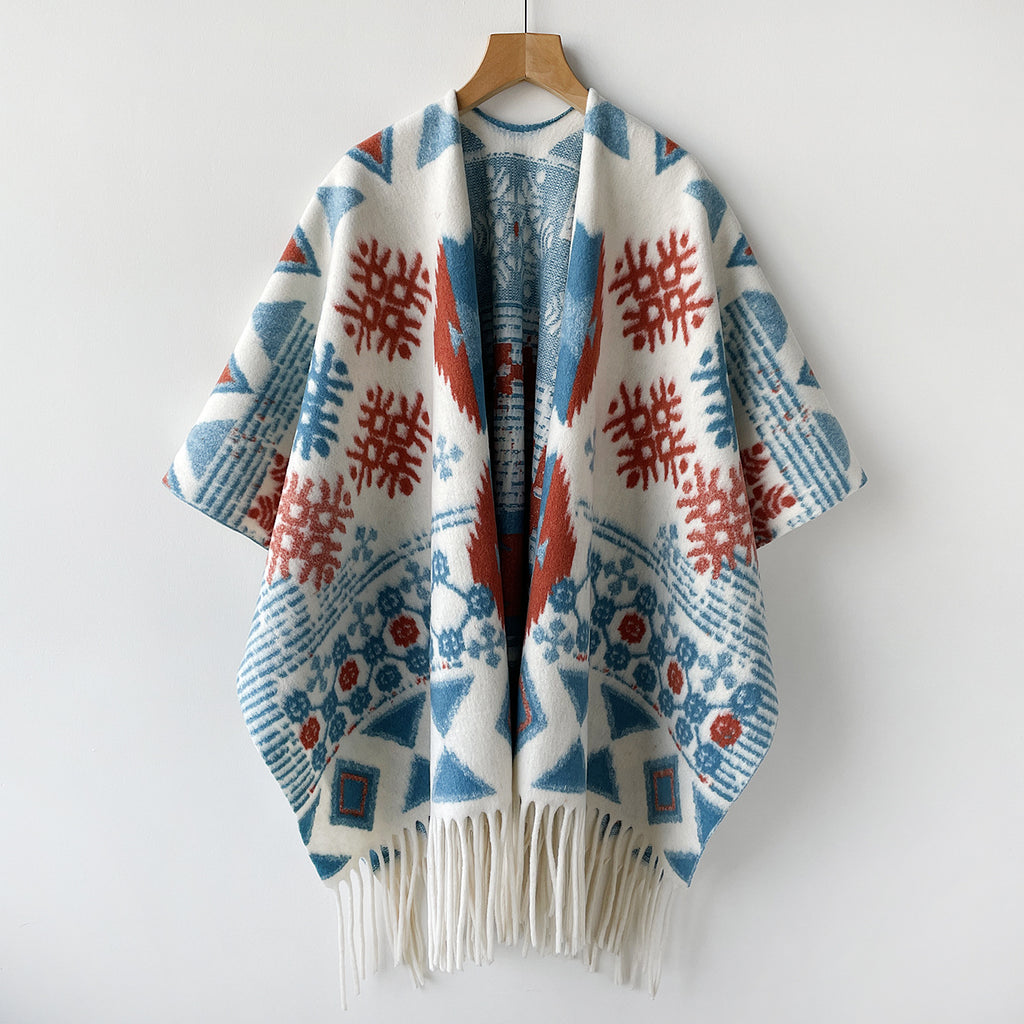 Boho Geometric Snowflake Fringe Cape for Women - Blue