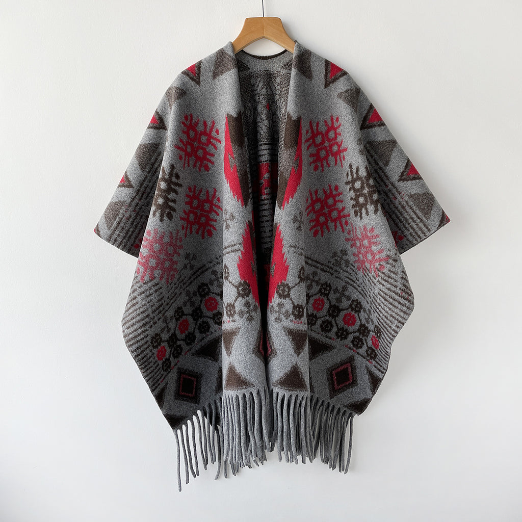 Boho Geometric Snowflake Fringe Cape for Women - Grey