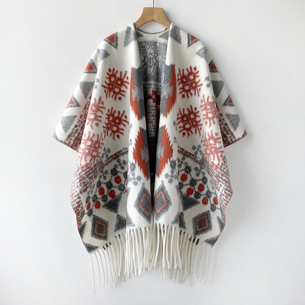 Boho Geometric Snowflake Fringe Cape for Women - Orange