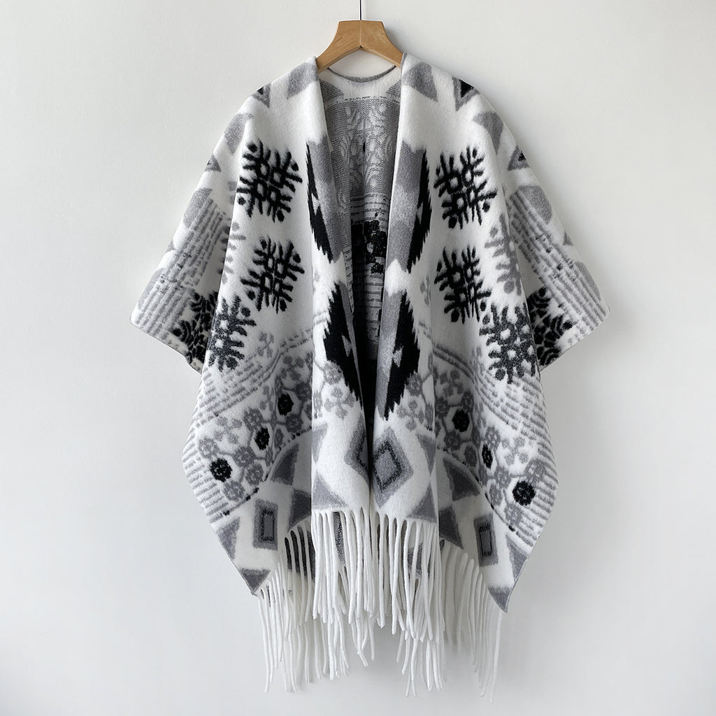 Boho Geometric Snowflake Fringe Cape for Women - White