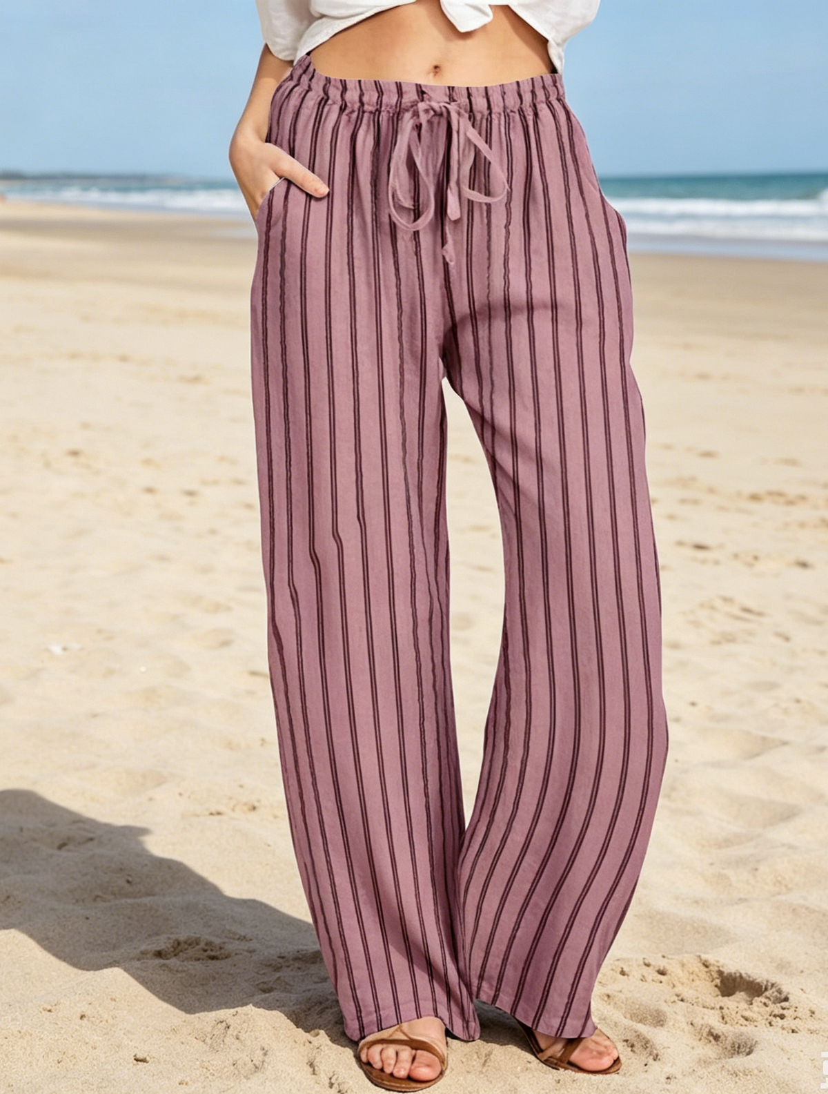 Pinstripe Elastic Waist Wide Leg Pants - Pink