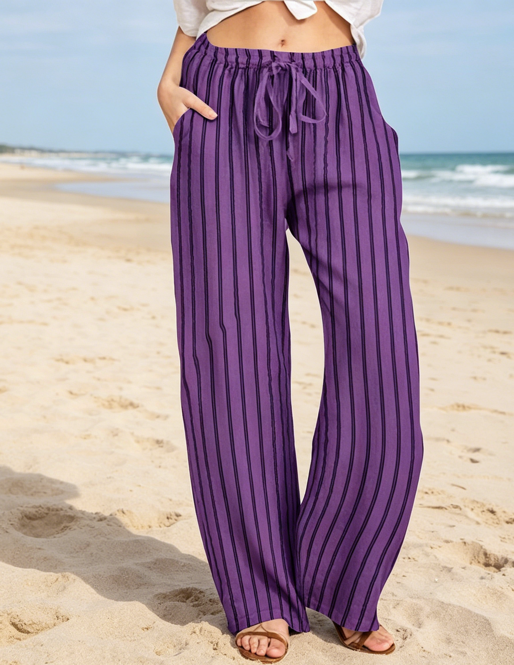 Pinstripe Elastic Waist Wide Leg Pants - Purple