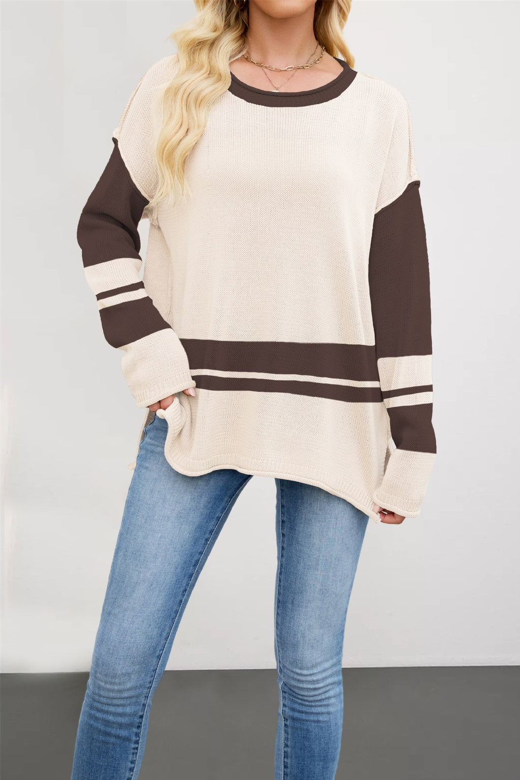 Color Block Striped Round Neck Sweater - Apricot