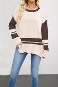 Color Block Striped Round Neck Sweater - Apricot