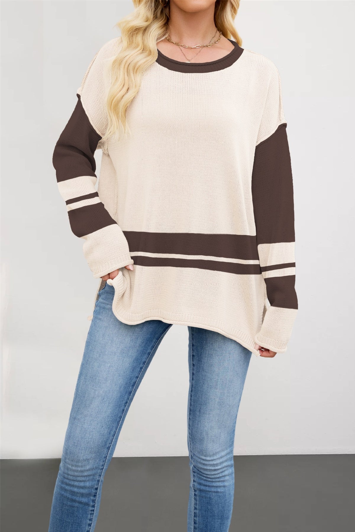 Color Block Striped Round Neck Sweater - Apricot