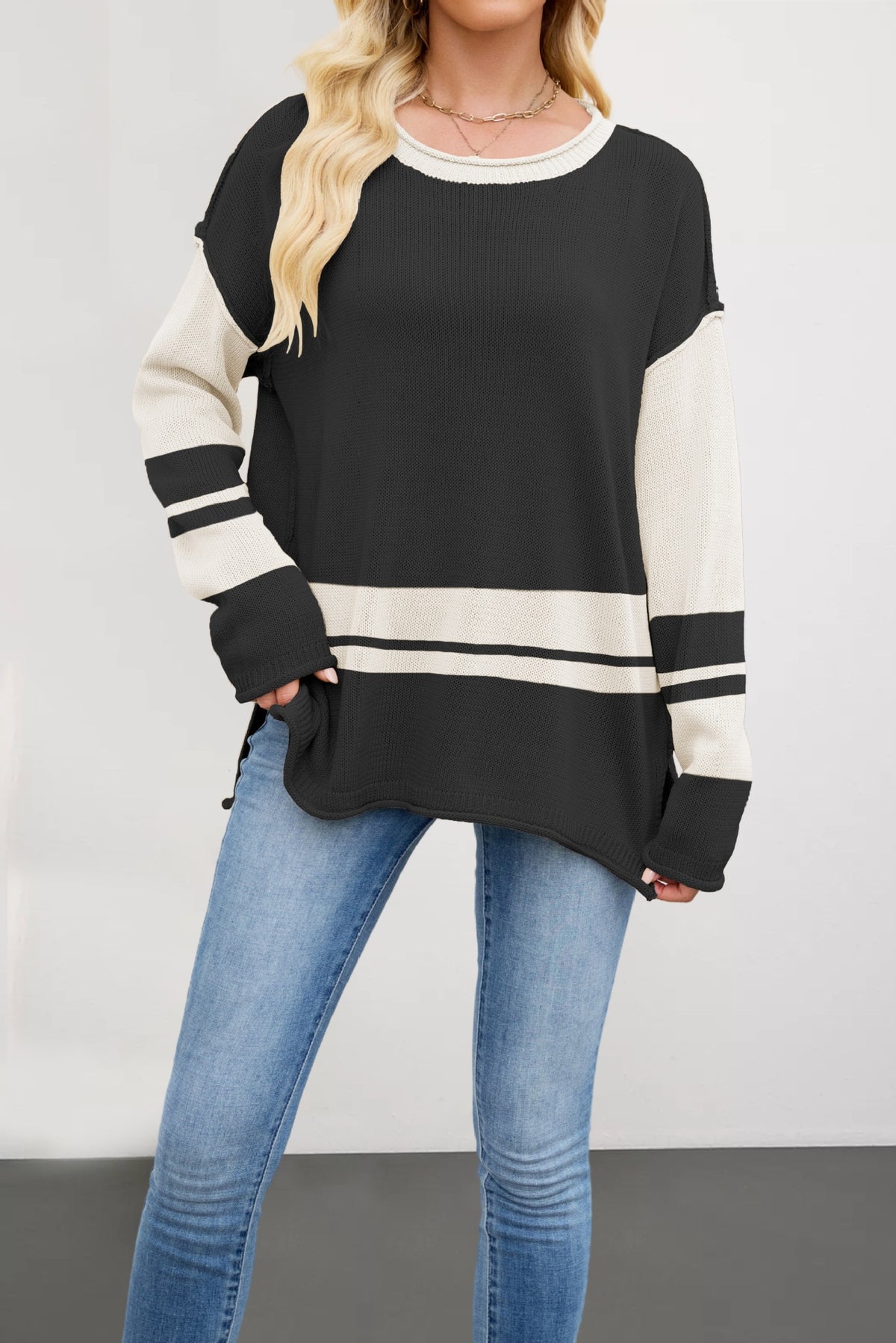 Color Block Striped Round Neck Sweater - Black