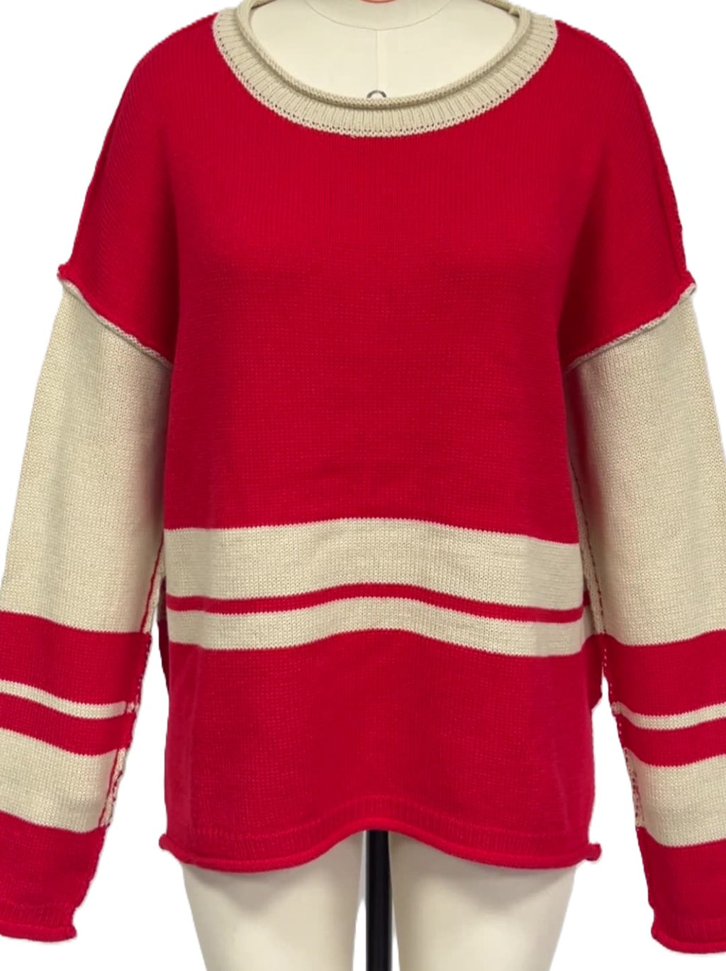 Color Block Striped Round Neck Sweater - Red