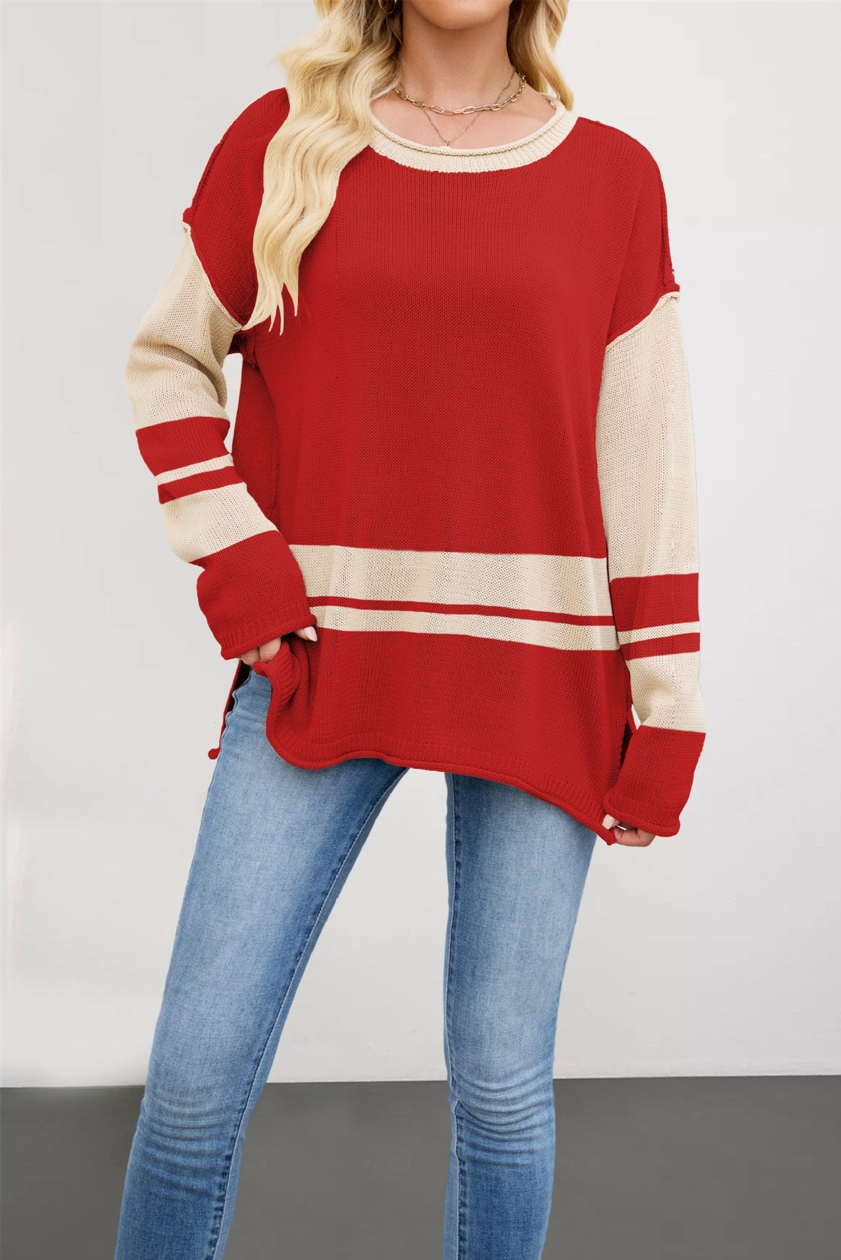 Color Block Striped Round Neck Sweater - Red - 1