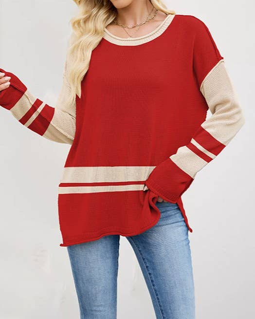 Color Block Striped Round Neck Sweater