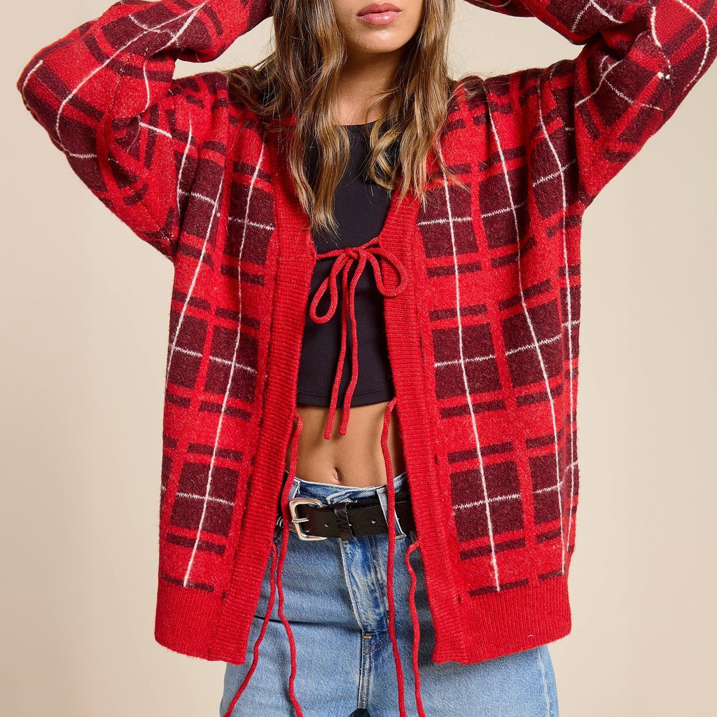 Plaid Knit Cardigan With Ribbon Ties - Red