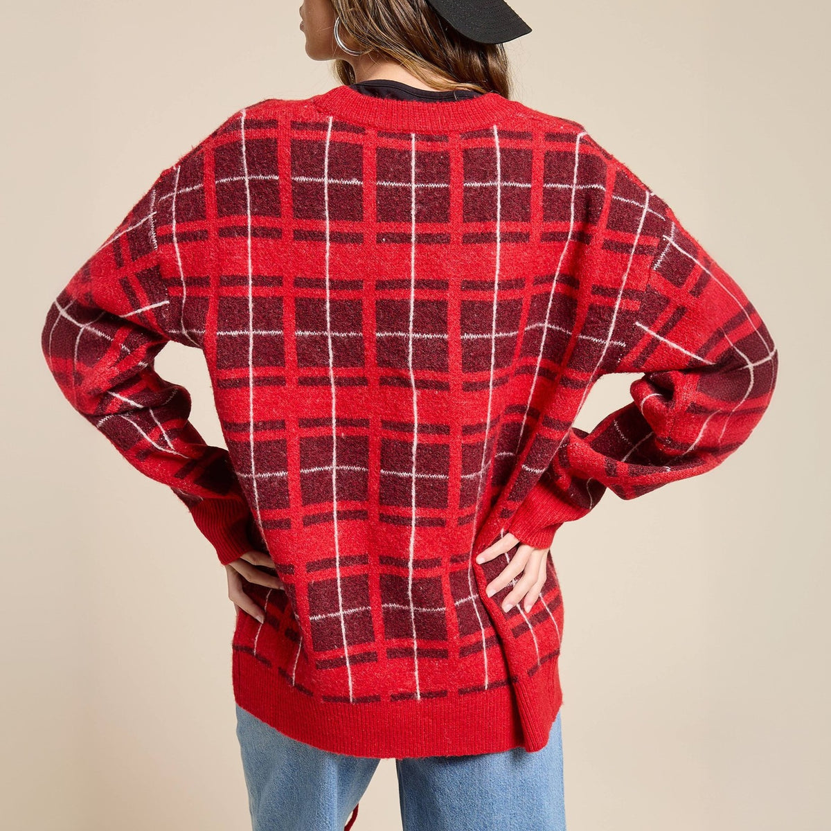 Plaid Knit Cardigan With Ribbon Ties - Red - 1