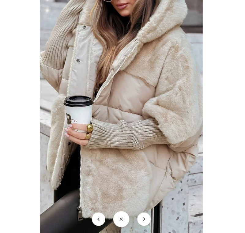 Faux Fur Panel Hooded Puffer Jacket - Apricot