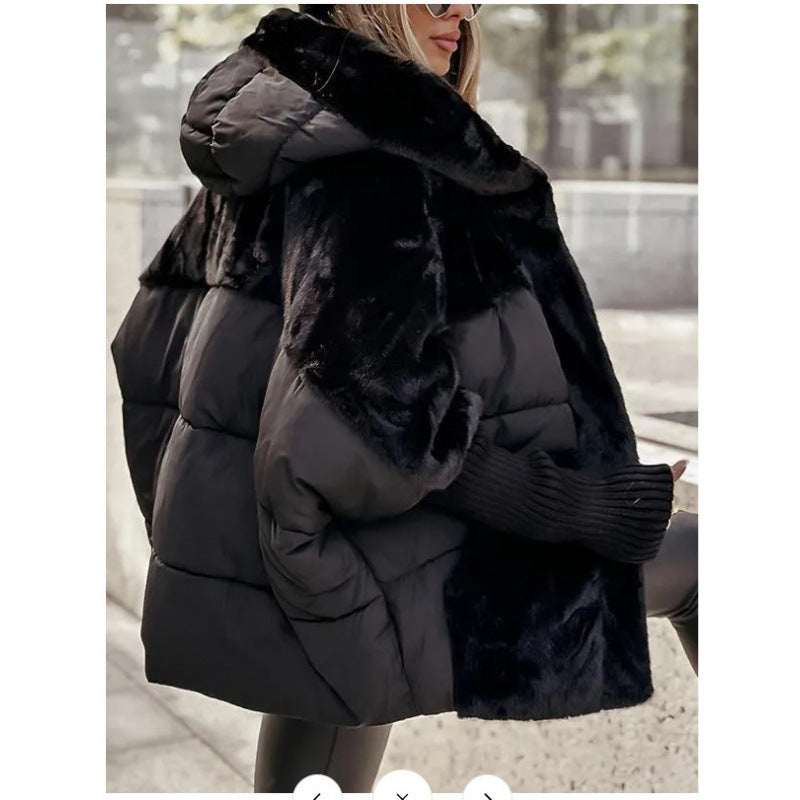 Faux Fur Panel Hooded Puffer Jacket - Black