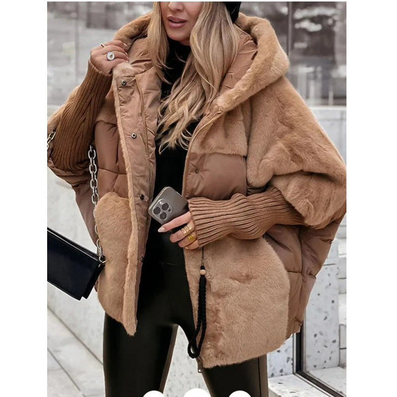 Faux Fur Panel Hooded Puffer Jacket - DeepKhaki