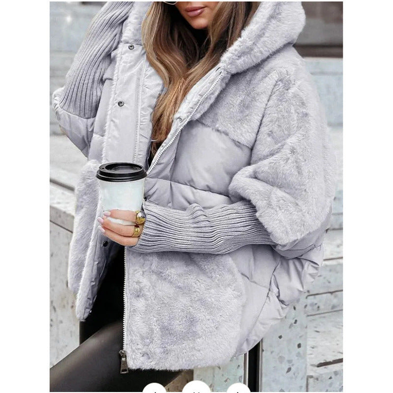 Faux Fur Panel Hooded Puffer Jacket - Gray