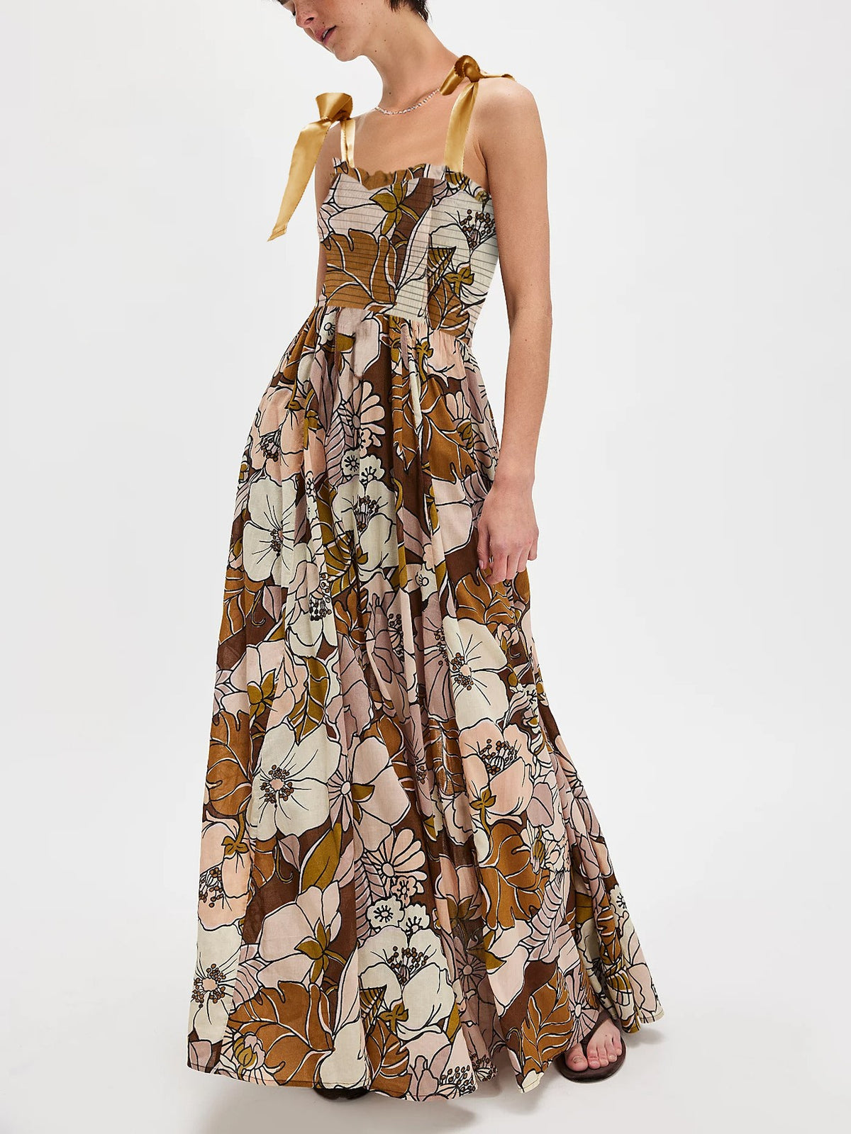 Tie Shoulder Smocked Floral Tiered Maxi Dress - Coffee