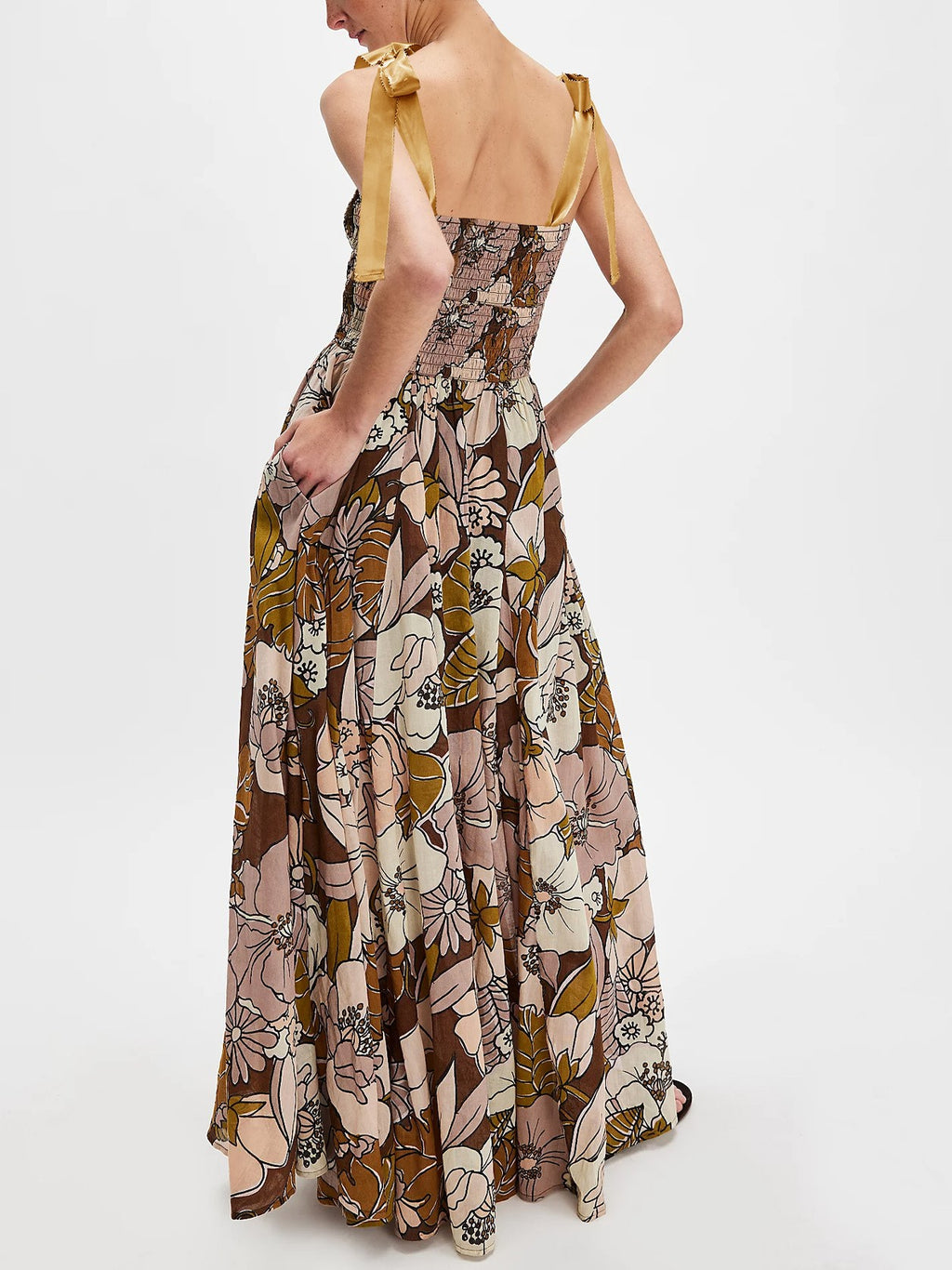 Tie Shoulder Smocked Floral Tiered Maxi Dress - Coffee - 1